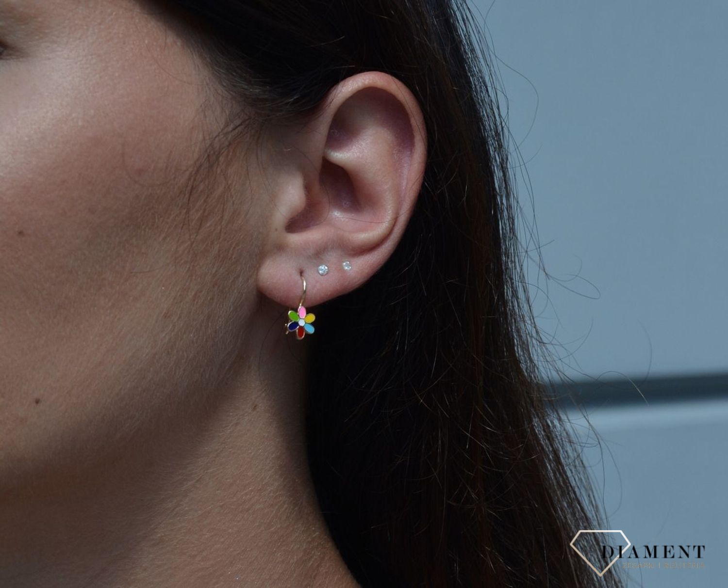 Złote kolczyki dla dziewczynki kwiatki 585 kolorowa emalia KL 3248C.jpg